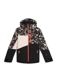 Skijacke mit einem schwarz-weißen abstrakten Muster, cremefarbenem und schwarzem Farbblockdesign, frontalem Reißverschluss und lebhaften orangefarbenen Akzenten.