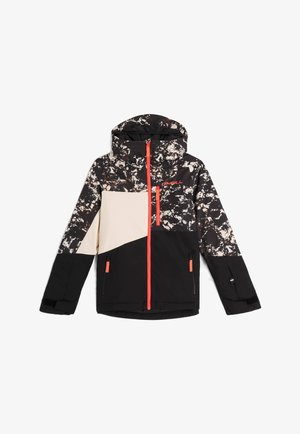 Giacca da sci con un motivo astratto bianco e nero, design a blocchi di colore crema e nero, zip frontale e dettagli arancioni vivaci.