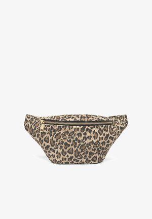 Torba oko struka s leopard uzorkom u bež i smešnim tonovima. Tkanina sa zip zatvaračem na prednjem džepu i detaljima u zlatnoj boji.