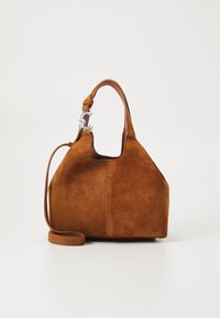 Brown suede handbag with a structured shape, short handle, adjustable shoulder strap, and metallic accents. Smooth texture with a simple design.