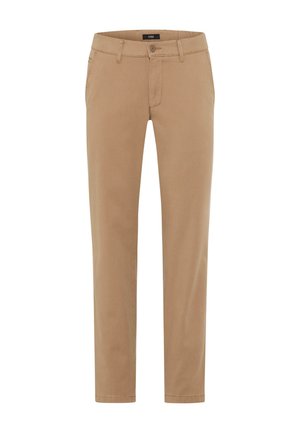 Beige Chinos mit geradem Schnitt, Gürtelschlaufen, Seiten- und Gesäßtaschen sowie einem Knopfverschluss an der Taille. Glatte Stoffoberfläche mit matter Optik.