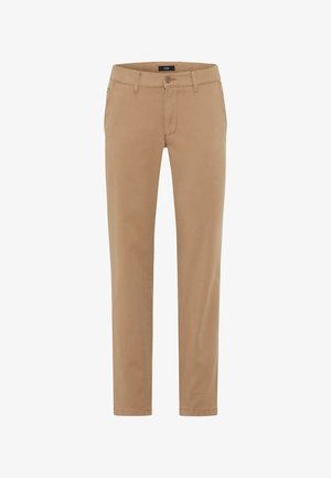 Beige chino's met een rechte snit, riemlussen, frontzakken en een knoopsluiting in de taille. Soepele stofstructuur met een matte afwerking.