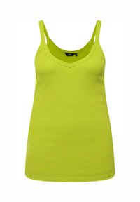 Camiseta sin mangas verde con escote en v, tirantes finos y diseño ajustado, hecha de una tela lisa y elástica. Sin estampados ni adornos.