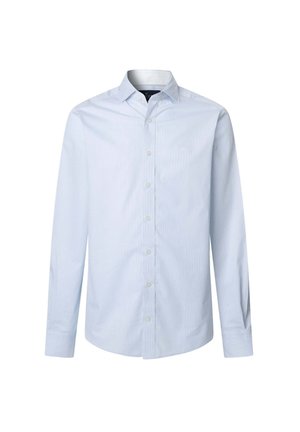 Himmelblaues Hemd mit langen Ärmeln, klassischem Kragen und dezentem Streifenmuster. Verfügt über Frontknöpfe und ein kleines Logo.