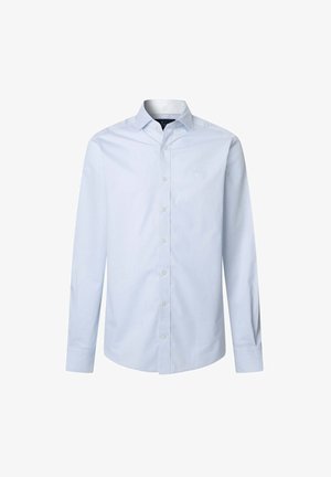 Svetlomodrá košeľa na gombíky s dlhými rukávmi, klasickým golierom a jemným prúžkovaným vzorom. Obsahuje predné gombíky a malú značku.