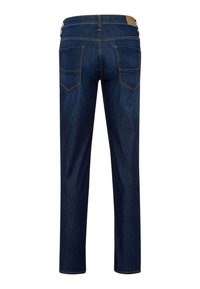 Dunkelblaue Jeans aus Denim mit geradem Schnitt, ausgestattet mit zwei Gesäßtaschen und kontrastierenden gelben Stichdetails.