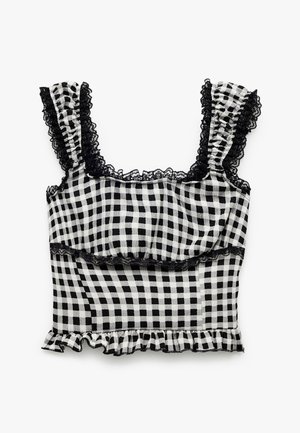 Schwarz-weißer Gingham-Crop-Top mit Rüschenträgern, Spitzenbesatz und fransigem Saum. Hergestellt aus leichtem Stoff mit einer strukturierten Optik.