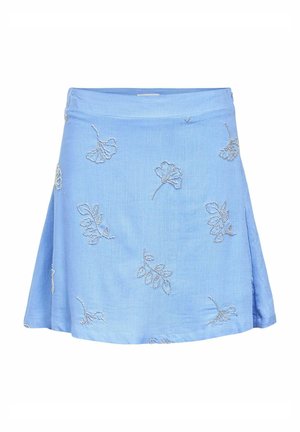 Jupe bleu clair en forme A. Présente une broderie en feuilles argentées sur toute sa surface. Texture textile lisse avec une taille et sans fermetures.