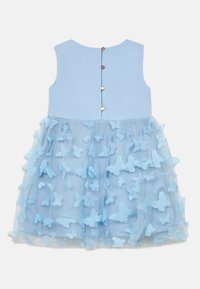 Robe bleu clair avec un corsage ajusté et une jupe en tulle à couches ornée d'appliqués papillon bleu clair épars. Fermeture à boutons au dos.
