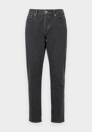 Black denim jeans with a straight cut, five pockets, a button fly, and contrasting stitching. The fabric has a medium texture and slight sheen.