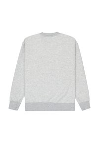 Sudadera gris con cuello redondo y mangas largas. Hecha de una tela suave, presenta una textura lisa con puños y dobladillo acanalados.