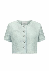 Afgekorte lichtblauwe jas van een gestructureerde, geweven stof. Heeft een ronde halslijn en vijf metalen knopen aan de voorkant. Korte mouwen.