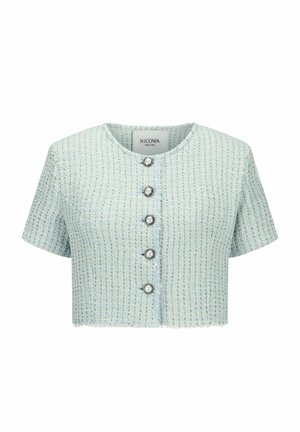 Getreppte, hellblaue Jacke mit strukturiertem Gewebe. Hat einen runden Halsausschnitt und fünf metallische Knöpfe auf der Vorderseite. Kurze Ärmel.