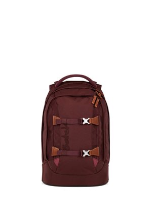 Maroon backpack with two adjustable front straps with silver buckles, leather zipper pulls, and a top carrying handle.