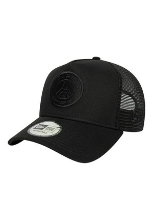 Cappellino da baseball nero con parte frontale solida, retro in rete e un patch ricamato rotondo con la dicitura "PARIGI" e un logo. Taglia regolabile.