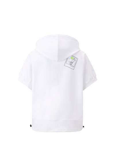 White hooded sweatshirt with short sleeves, featuring a small cartoon ice cream graphic on the back. Smooth fabric, adjustable drawstring hem.