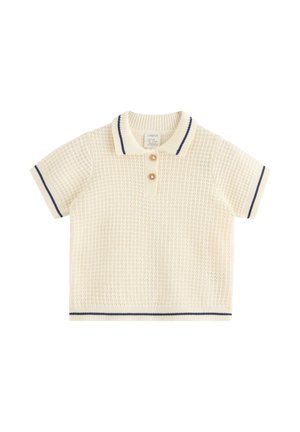 Kremfarvet strikket polo t-shirt med korte ærmer og tekstureret mønster, to knapper og navyblå kant på krave, ærmer og kant.