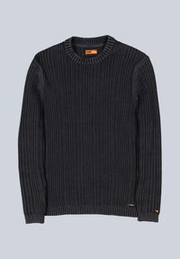 Dunkelgrauer Strickpullover mit einer gerippten Struktur, Rundhalsausschnitt und langen Ärmeln. Verfügt über ein oranges Markenlabel an der unteren Seite.