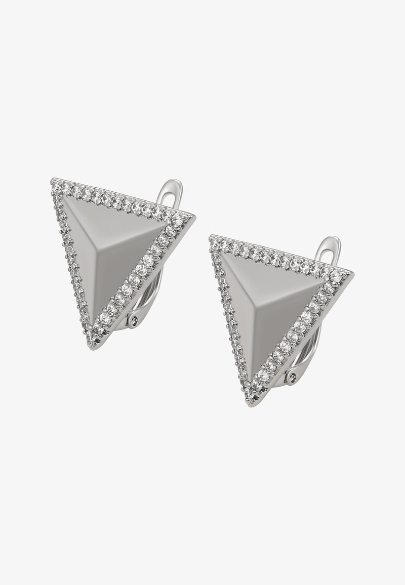 Stříbrné trojúhelníkové náušnice se zvýšeným středem a okrajovou linií z malých čirých krystalů, s klipsovými uzávěry.