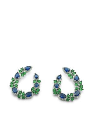 Boucles d'oreilles en argent en forme de créoles ouvertes, ornées de pierres précieuses alternées en forme de goutte et d'ovale, bleues et vertes.