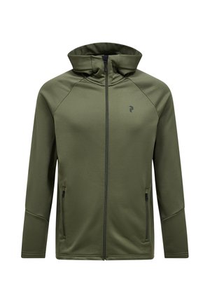 Olivengrøn zip-up hoodie med høj krave, sidelommer og et lille logo på brystet. Har strækbart stof og raglanærmer.