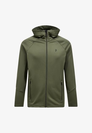 Olivengrøn zip-up hoodie med høj krave, sidelommer og et lille logo på brystet. Har strækbart stof og raglanærmer.