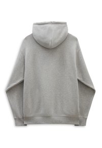 Felpa grigia con una texture morbida e spazzolata, dotata di un cappuccio intero, polsini e orlo a coste, con un design semplice e monocromatico.