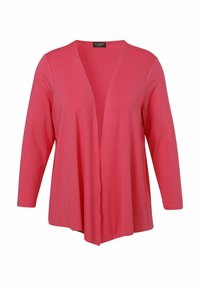 Koraal zachte jersey cardigan, open voorkant, lange mouwen, lichtgewicht stof, zachte textuur, valt onder de heupen met een gedrapeerde zoom.