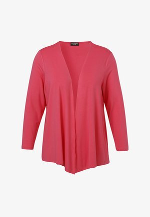 Cardigan en jersey corail doux, à ouverture frontale, manches longues, en tissu léger, texture lisse, tombant sous les hanches avec un ourlet drapé.