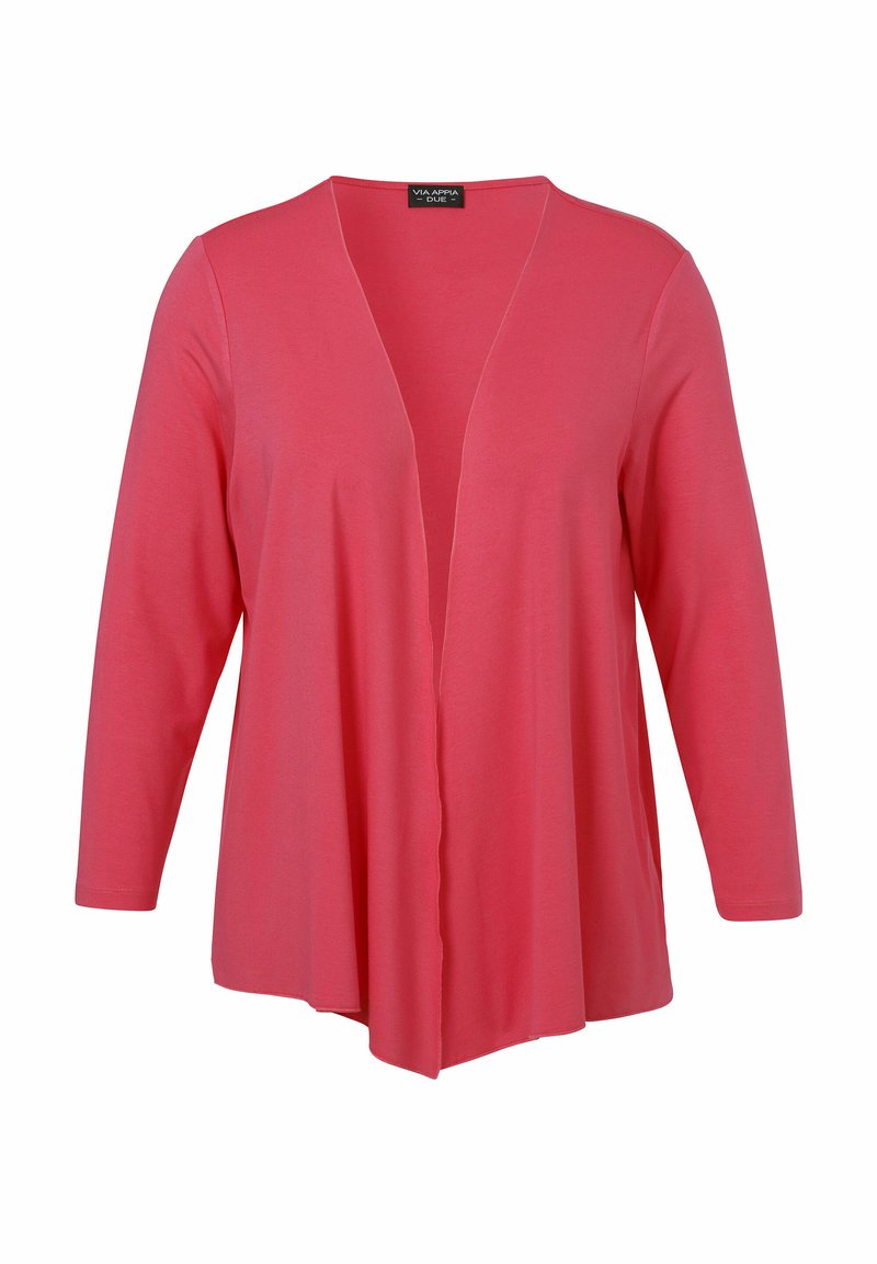 Koraal zachte jersey cardigan, open voorkant, lange mouwen, lichtgewicht stof, zachte textuur, valt onder de heupen met een gedrapeerde zoom.