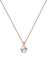 Collier en or rose mettant en valeur un pendentif en cristal transparent rond dans un sertissage à six griffes, suspendu à une fine chaîne.