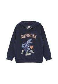 Marineblauwe hoodie van zachte stof met een dinosaurustekening die een basketbal vasthoudt, met de tekst "GAMEDAY" en groene sneakeraccenten.
