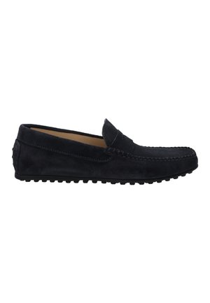 Sorte ruskinds loafers med et syet design, gummisål for godt greb og en glat tekstur. Har en rund tå og integreret hæl.