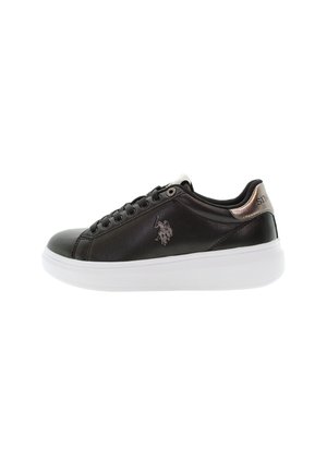 Black leather sneaker with a white sole, featuring a metallic accent at the heel and a small logo on the side. Laced design.