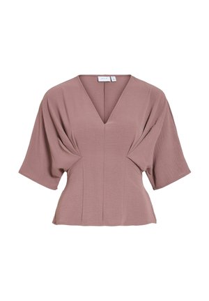 Mauve blouse met korte mouwen, V-hals, geplooide details in de taille en een licht uitlopende zoom.