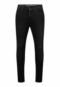 Schwarze Slim-Fit-Jeans mit Knopf- und Reißverschluss, Vorder- und Gesäßtaschen sowie Gürtelschlaufen am Bund.