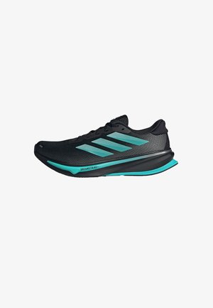 Black athletic shoes with a breathable mesh upper, featuring turquoise accents and three stripes, lightweight design, and textured sole.