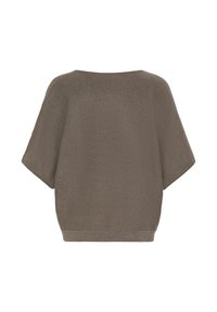 Brauner, locker sitzender Stricktop mit weit geschnittenem Halsausschnitt und kurzen Fledermausärmeln. Gleiche Textur und dezente Dehnbarkeit, saubere Verarbeitung am Saum.