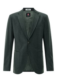 Dark green men's blazer with two buttons, notched lapels, two front patch pockets, and a chest welt pocket, open to show branded lining.