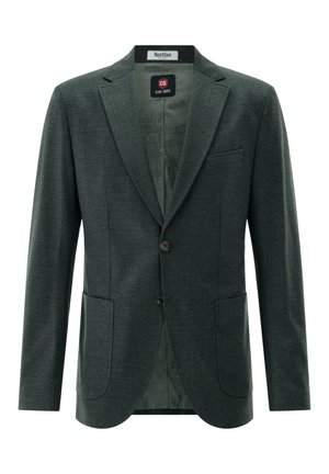 Dark green men's blazer with two buttons, notched lapels, two front patch pockets, and a chest welt pocket, open to show branded lining.