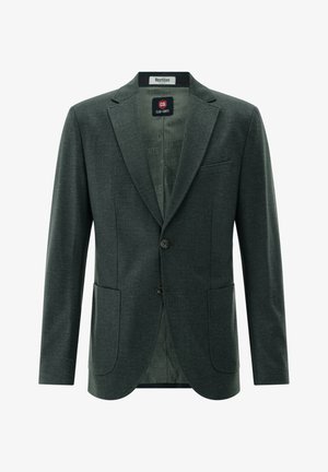 Dunkelgrüner Herrenblazer mit zwei Knöpfen, eingekerbtem Revers, zwei aufgesetzten Fronttaschen und einer Brustleistentasche, offen, um das markenbestickte Futter zu zeigen.