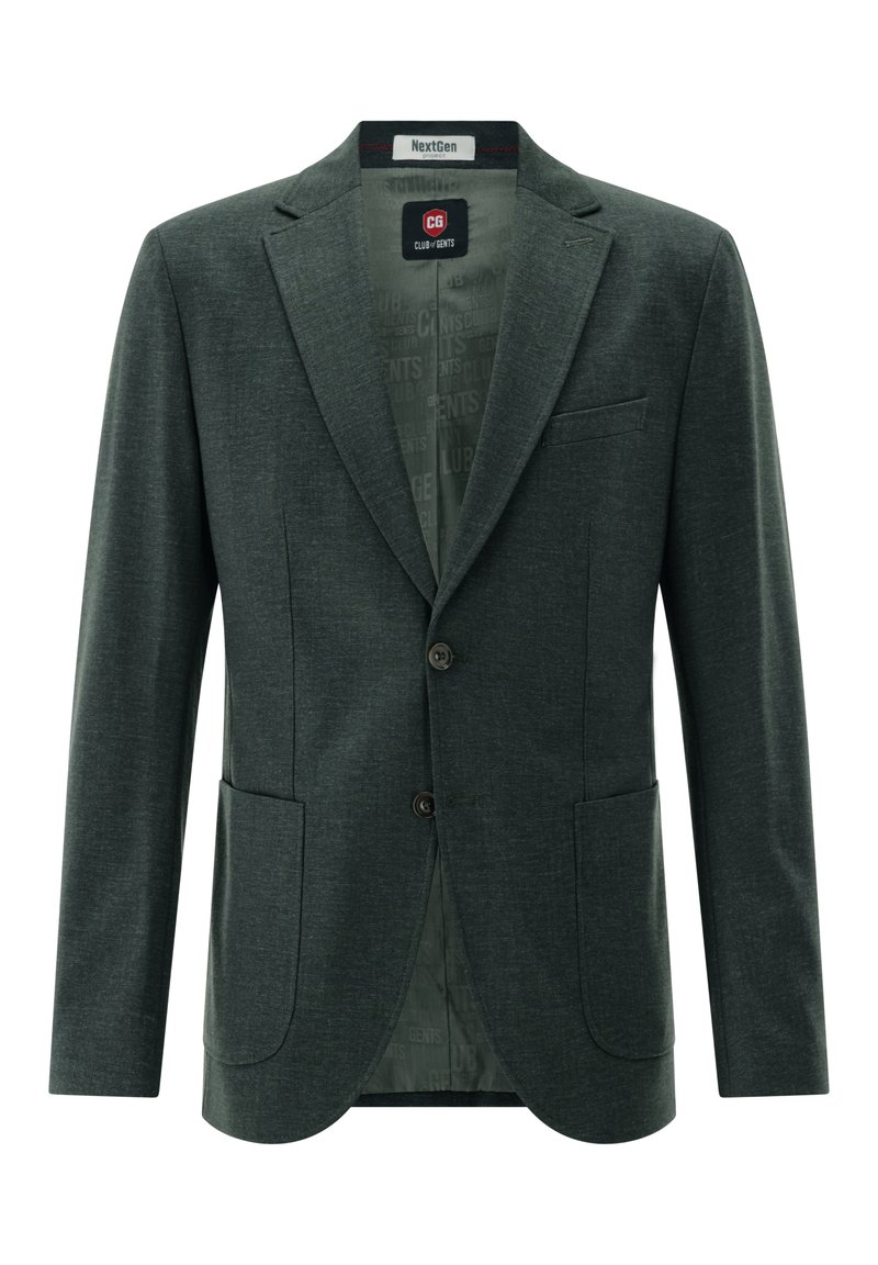 Dark green men's blazer with two buttons, notched lapels, two front patch pockets, and a chest welt pocket, open to show branded lining.