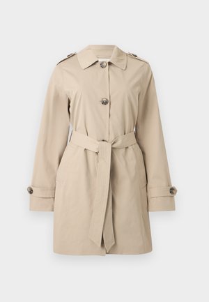 Beige knälång trenchcoat med krage, tre knappar framtill, skärp i midjan, knappade ärmslut och axelklaffar.