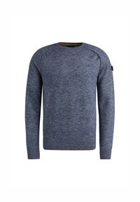 Navyblauer Pullover mit strukturiertem Strick, Rundhalsausschnitt und langen Ärmeln. Verfügt über Raglanärmel und ein kleines Logo-Patch am Ärmel.