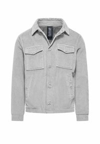 Giacca in corduroy grigio con colletto, chiusura frontale a bottoni, due tasche sul petto e una sottile texture a righe verticali.