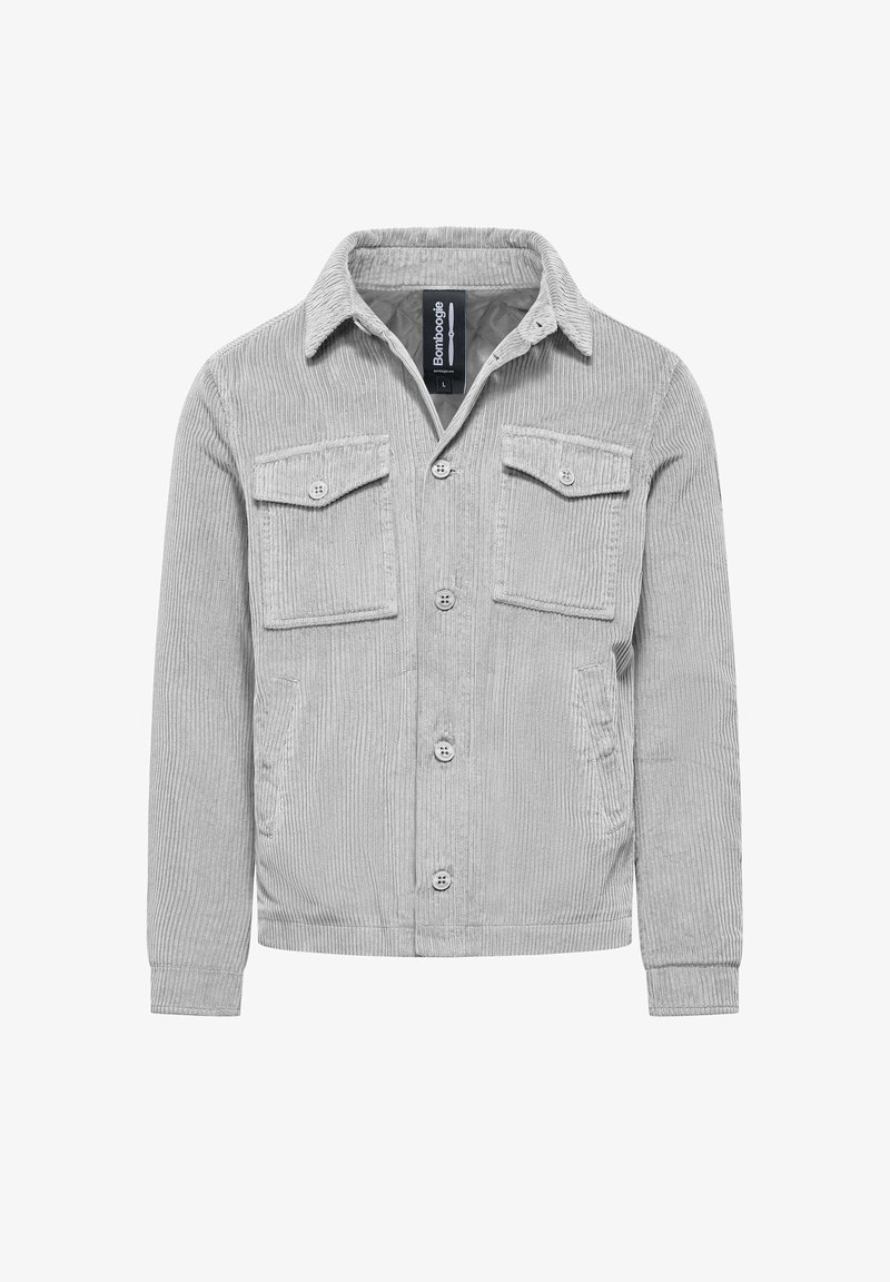 Gray corduroy jacket with a collared neckline, front button closure, two chest pockets, and subtle vertical ribbing texture.
