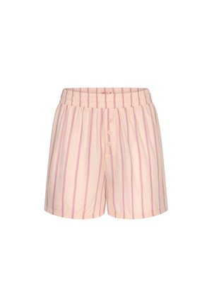 Jasnoróżowe spodenki z pionowymi fioletowymi i czerwonymi paskami, elastycznym pasem i trzema przednimi guzikami.