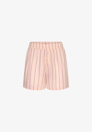 Jasnoróżowe spodenki z pionowymi fioletowymi i czerwonymi paskami, elastycznym pasem i trzema przednimi guzikami.