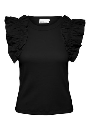 Haut noir à manches courtes avec texture côtelée. Présente des accents froncés sur les épaules. Encolure arrondie et silhouette ajustée.