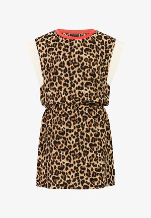 Robe à imprimé léopard avec des manches courtes couleur crème et un col rouge. La robe présente une coupe ample avec une taille cintrée.